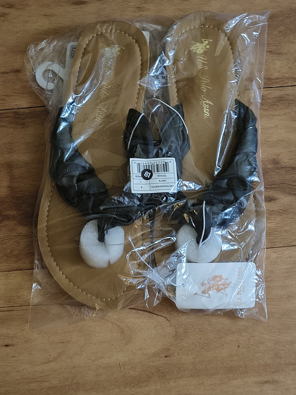 U.S. Polo Assn. Black Braided Thong Sandals with Tan Footbed